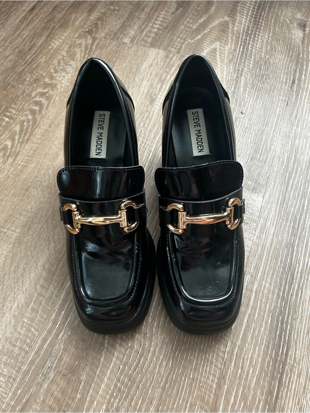 Steve Madden Women's Black Patent Loafers with Gold Accent